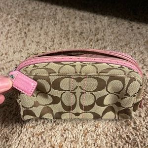 Tan Coach Canvas Monogram Zip Cosmetic Bag